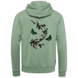 Bloesem Bloemen Vlinder Strijk Embleem Patch Set Groen op de rugzijde van een groene hoodie