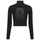 Tijger Kop Strass Strijk Applicatie op een donkergroene longsleeve