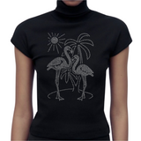 Flamingo Palmbomen Strass Applicatie op een zwart shirt met col