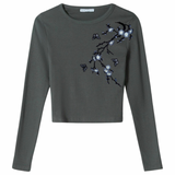 Bloesem Bloemen Vlinder Strijk Embleem Patch Set Grijs op een grijze longsleeve