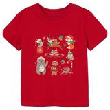 Happy Christmas Kerst Dieren Strijk Applicatie op een rood t-shirtje