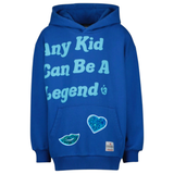 Mond Paillette Strijk Embleem Patch Blauw samen met een blauw paillette hart strijk patch op een blauwe hoodie