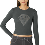 Diamant XL Strass strijk Applicatie op een groen grijze longsleeve