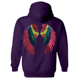 Vleugel Papegaai Ara Paillette Strijk Embleem Patch Set op de rugzijde van een paarse hoodie