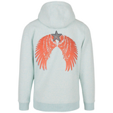 Vleugel Engel Paillette Vleugels XXL Strijk Embleem Patch Set L+R Oranje op de rugzijde van een lichtblauwe hoodie