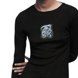 Magere Hein Zwarte Dood Met Zeis Strijk Embleem Patch op een zwarte longsleeve