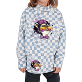 De grote en kleine variant van de Aap Chimpansee Crazy Monkey Strijk Applicatie op een blauw met wit geblokte hoodie