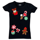 Kerst Christmas Is In The Air Strijk Embleem Patch Set op een zwart t-shirtje