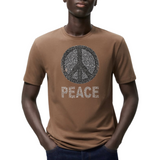 Peace Teken Sign Tekst Strijk Strass Applicatie op een bruin t-shirtje