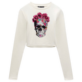 Doodskop Skull Bloemen XXL Full Color Strijk Applicatie op een witte longsleeve