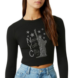 New York City Tekst Lady Liberty Strass Strijk Applicatie op een zwarte longsleeve