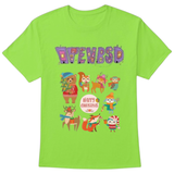 Kerst Happy Christmas Dieren Strijk Applicatie op een groen t-shirt met tekst van paarse letters