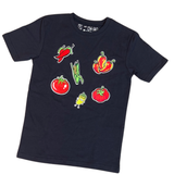 Healthy Vegetables Fruit Strijk Embleem Patch Set 6 Patches op een donker blauw t-shirtje