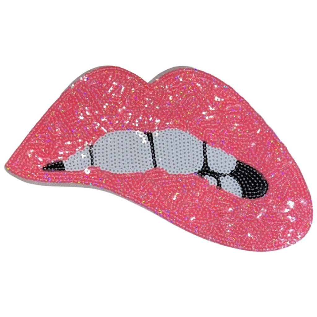 Mond Bijt Op Lip Pailletten Strijk Embleem Patch Licht Roze