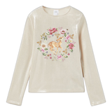 Hert Ree Bambi Bloemen Strijk Applicatie op een crème kleurige sweater met glans