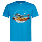 Vliegtuig Legends Tekst Strijk Applicatie op een blauw t-shirt