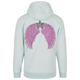 Vleugel Engel Paillette Vleugels XXL Strijk Embleem Patch Set L+R Roze samen met een paillette zilverkleurige ster patch op de achterzijde van een lichtblauwe hoodie 