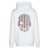 Doodskop Skull Strijk Strass-steentjes Applicatie Metaal Look op de rugzijde van een witte hoodie