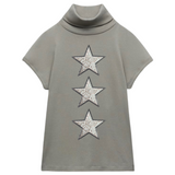 Ster sterren Strijk Embleem Patch Paillette Zilver Zwart op een grijs groen shirt met col