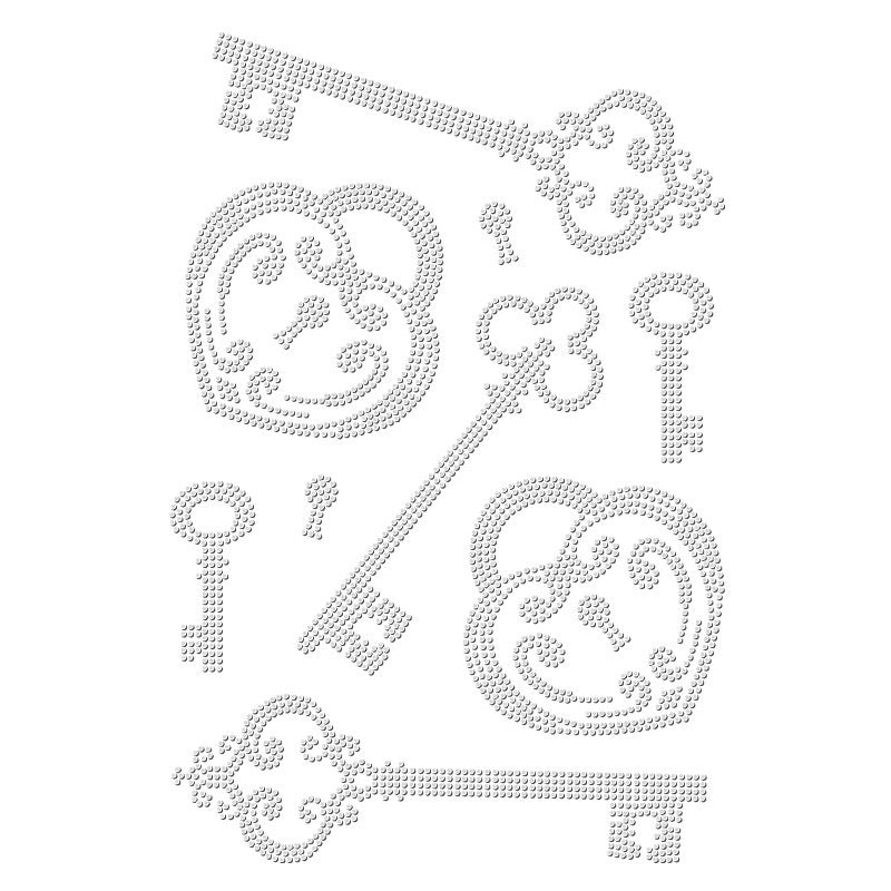 Set van strass applicatie bestaande uit 7 sleutel applicaties van verschillend formaat en twee hartvormige sloten