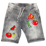 Healthy Vegetables Fruit Strijk Embleem Patch Set 6 Patches op een korte grijze broek