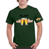 Bier Glazen Bierpull Alaaf Tekst Full Color Strijk Applicatie Small samen met de grotere versie op een groen t-shirt