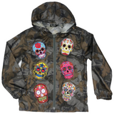 Schedel Sugar skull Strijk Embleem Patch Geel samen met vief andere kleur varianten op een regenjasje