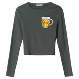 Bier Bierpull Bierglas Proost Tekst Full Color Strijk Applicatie Small op een grijs groene longsleeve