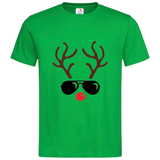 Kerst Rendier Rudolph Red Nosed Reindeer Strijk Applicatie op een groen t-shirt