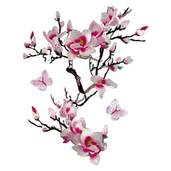 Magnolienblüten-Schmetterlings-Aufnäher-Set zum Aufbügeln, Rosa, 3 Aufnäher