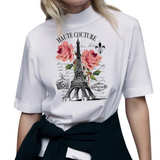 Eiffeltoren Haute Couture Vintage Strijk Applicatie op een wit shirt