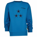 Drie maal de Ster Strijk Embleem Patch Donker Blauw op een blauwe sweater