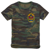 Schedel Sugar skull Strijk Embleem Patch Geel op een klein t-shirtje met groen bruin camouflage print