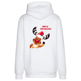  Rendier Merry Christmas Everybody Strijk Applicatie op de rugzijde van een witte Hoodie