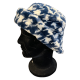 Hoed Bucket Hat Houndstooth Patroon Blauw Wit met schuin opgezette rand