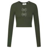 De twee kleinste strikjes van de Strik Strikken Bow Strass Strijk Applicatie op een groene longsleeve