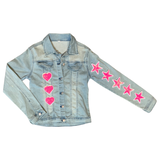 Ster Sterren Strijk Embleem Patch Set Glitter Roze 5 sterren op de mauw van een licht blauw spijkerjasje