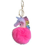 Sleutelhanger Eenhoorn Pom Fluffy Tas Keychain Donker Roze