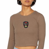 Sugar Skull Doodshoofd Opnaai Embleem Patch Zwart op een bruine longsleeve