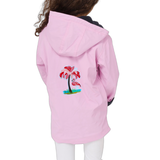 Palmboom Oase Flamingo XL Strijk Embleem Patch op de achterzijde van een roze jas