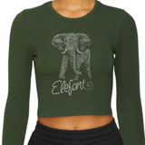 Olifant Strass XXL Strijk Applicatie op een groene longsleeve