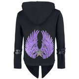 Vleugel Engel Paillette Vleugels XXL Strijk Embleem Patch Set Paars samen met een paillette ster patch  op de rugzijde van een goth jas