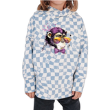 De grote en kleine variant van de Aap Chimpansee Crazy Monkey Strijk Applicatie op een op een blauw met wit geblokte hoodie