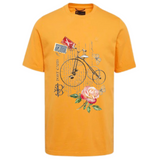 Fiets Post Card Vintage Briefkaart Strijk Applicatie op een oranje t-shirt