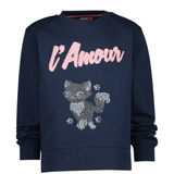 één van de Poes Poezen Kitten Strass Applicatie Mini Catwalk  op een blauwe sweater kindermaat