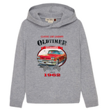 Auto Vintage Red Oldtimer Classic Car Strijk Applicatie op een grijze hoodie