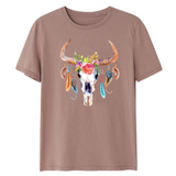 Skull Bull Bizon Veren Tooi Strijk Applicatie op een bruin t-shirt