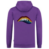 Mond Bijt Op Lip Pailletten Strijk Embleem Patch Regenboog op de achterkant van een paarse hoodie