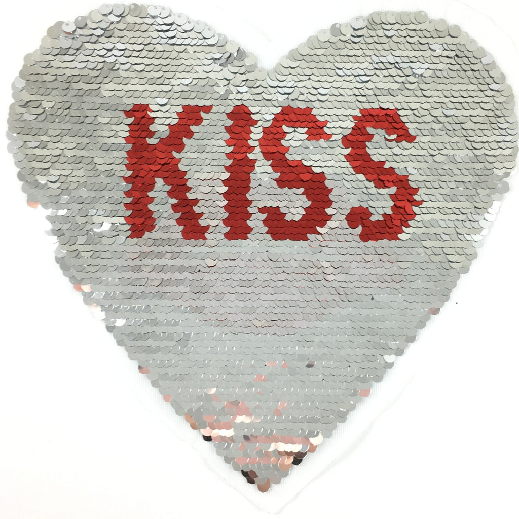 Reversible Paillette Hart Met Kiss Tekst En Rode Mond XXL Op Naai Patch